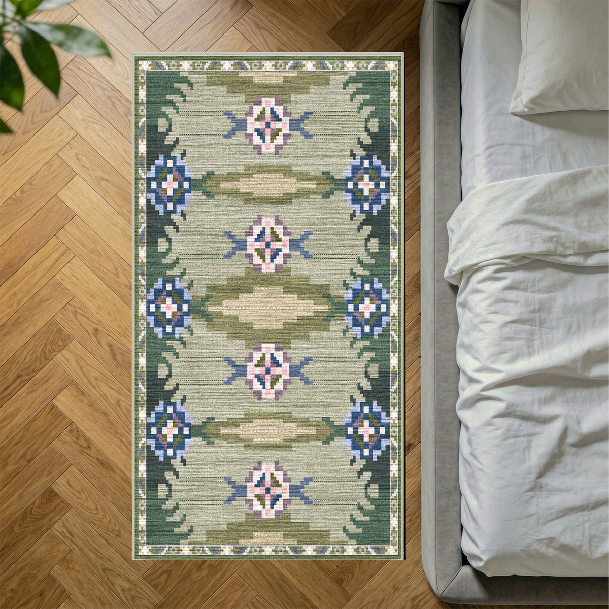 Sore - Sage Geometric Kilim Washable Kitchen Rug - 80x150cm – view 2