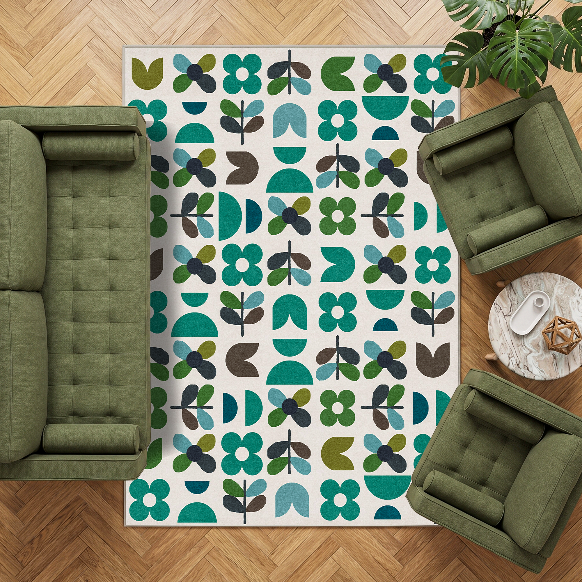 Zora - Green Retro Botanical Washable Large Living Room Rug - 160x230cm – view 2