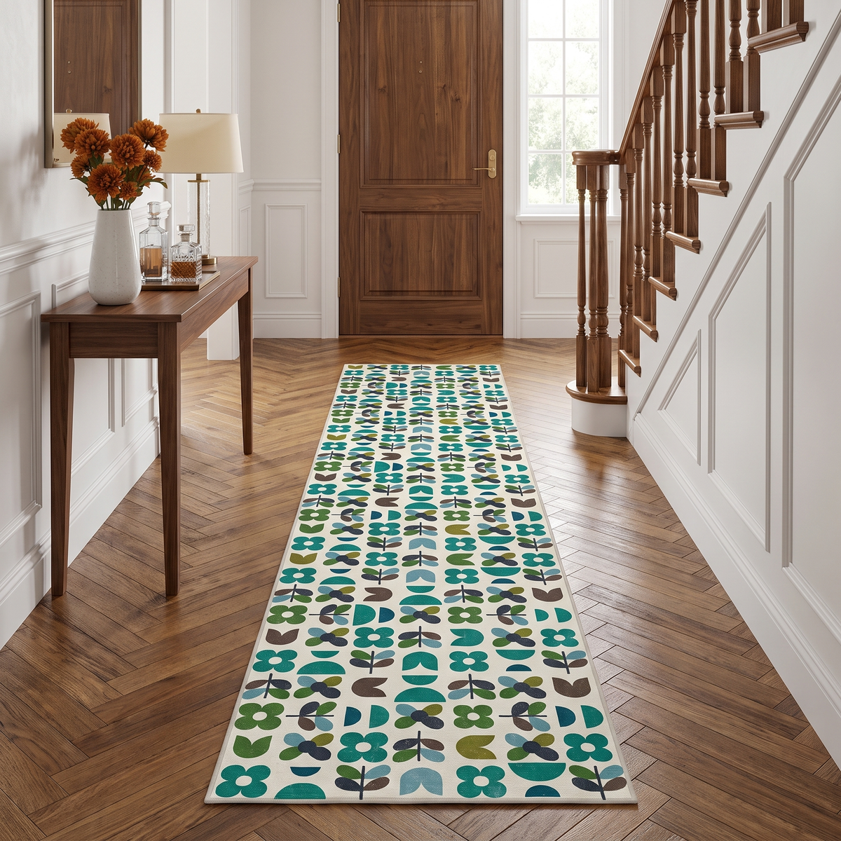 Zora - Green Retro Botanical Washable Runner Hallway Rug - 60x240cm – view 2