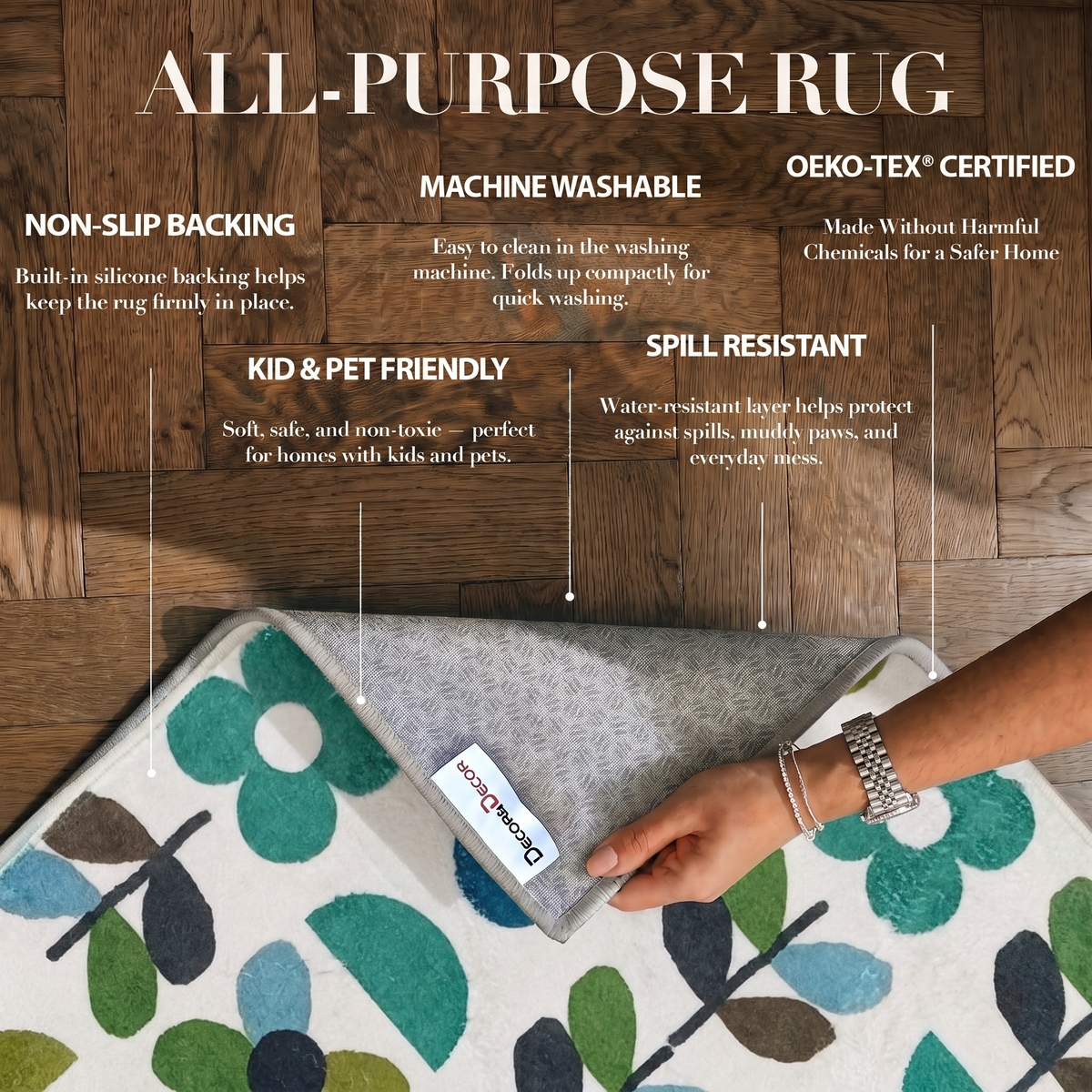 Zora - Green Retro Botanical Washable Kitchen Rug - 80x150cm – view 3