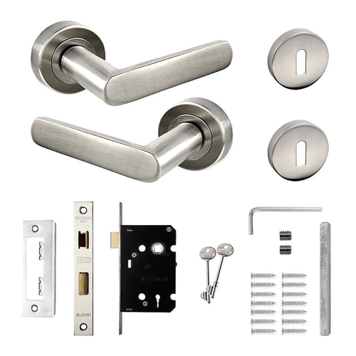 Echo Satin Nickel Privacy Door Lever Handles - Sash Lock Kit Set - Decor And Decor