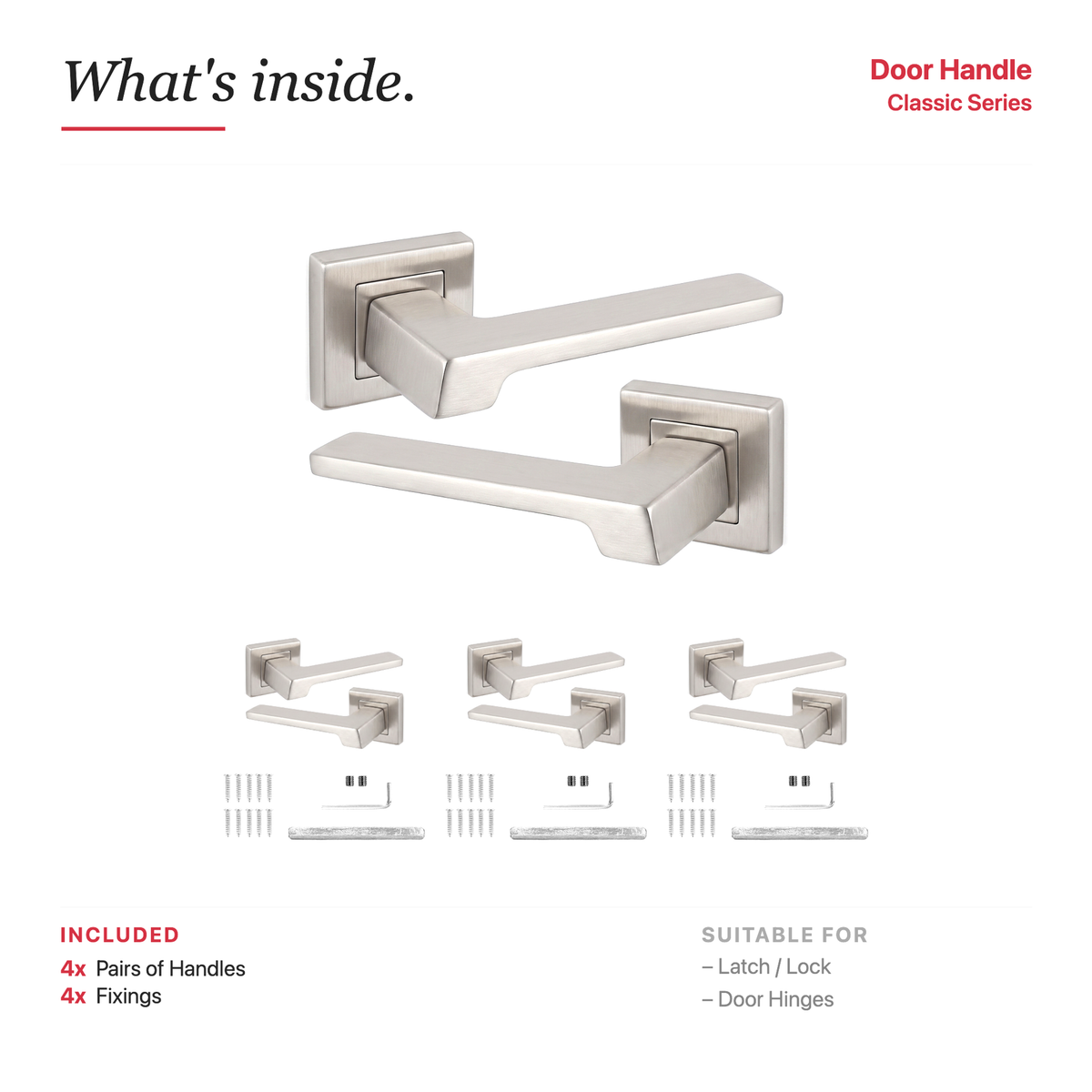 Spectra Satin Nickel Door Lever Handles – showing what's included in the box