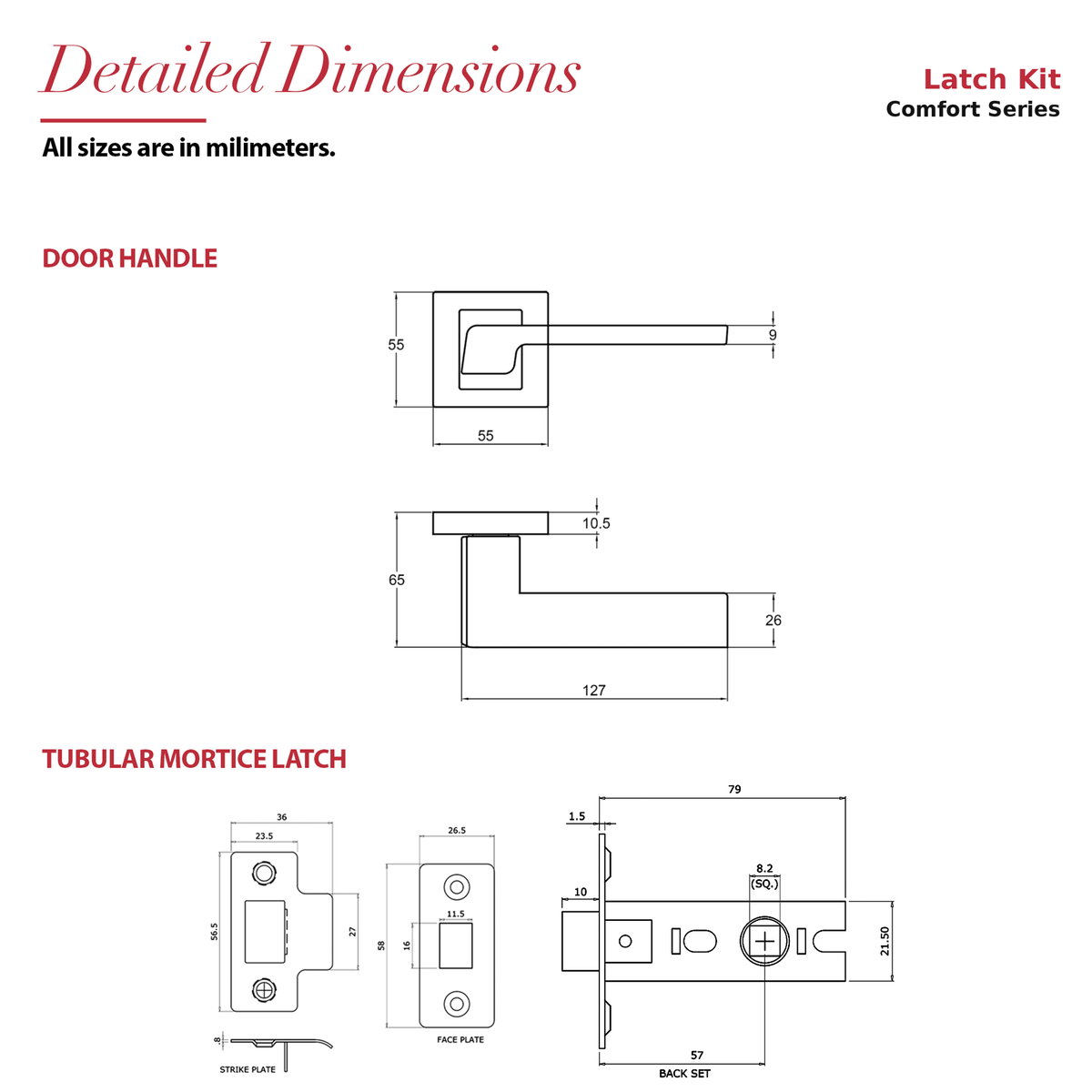 Spectra Matt Black Passage Door Lever Handles – dimensions and measurements diagram