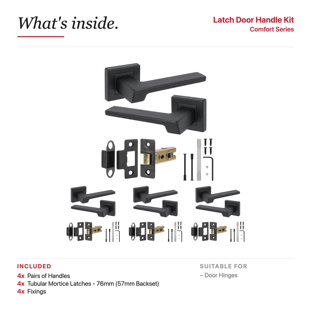 Spectra Matt Black Passage Door Lever Handles – showing what's included in the box