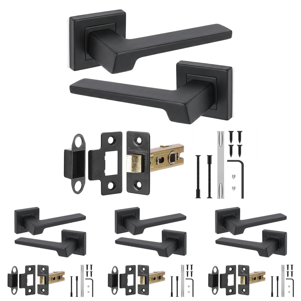 Spectra Matt Black Passage Door Lever Handles - Latch Kit 64mm - Pack of 4