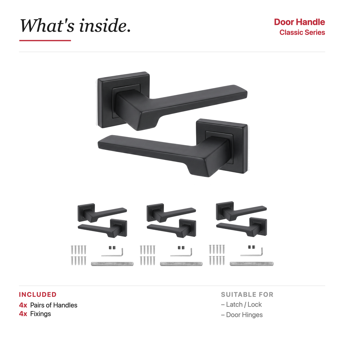 Spectra Matt Black Door Lever Handles – showing what's included in the box