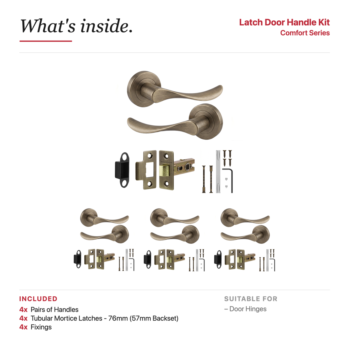 Nimbus Antique Brass Passage Door Lever Handles – showing what's included in the box