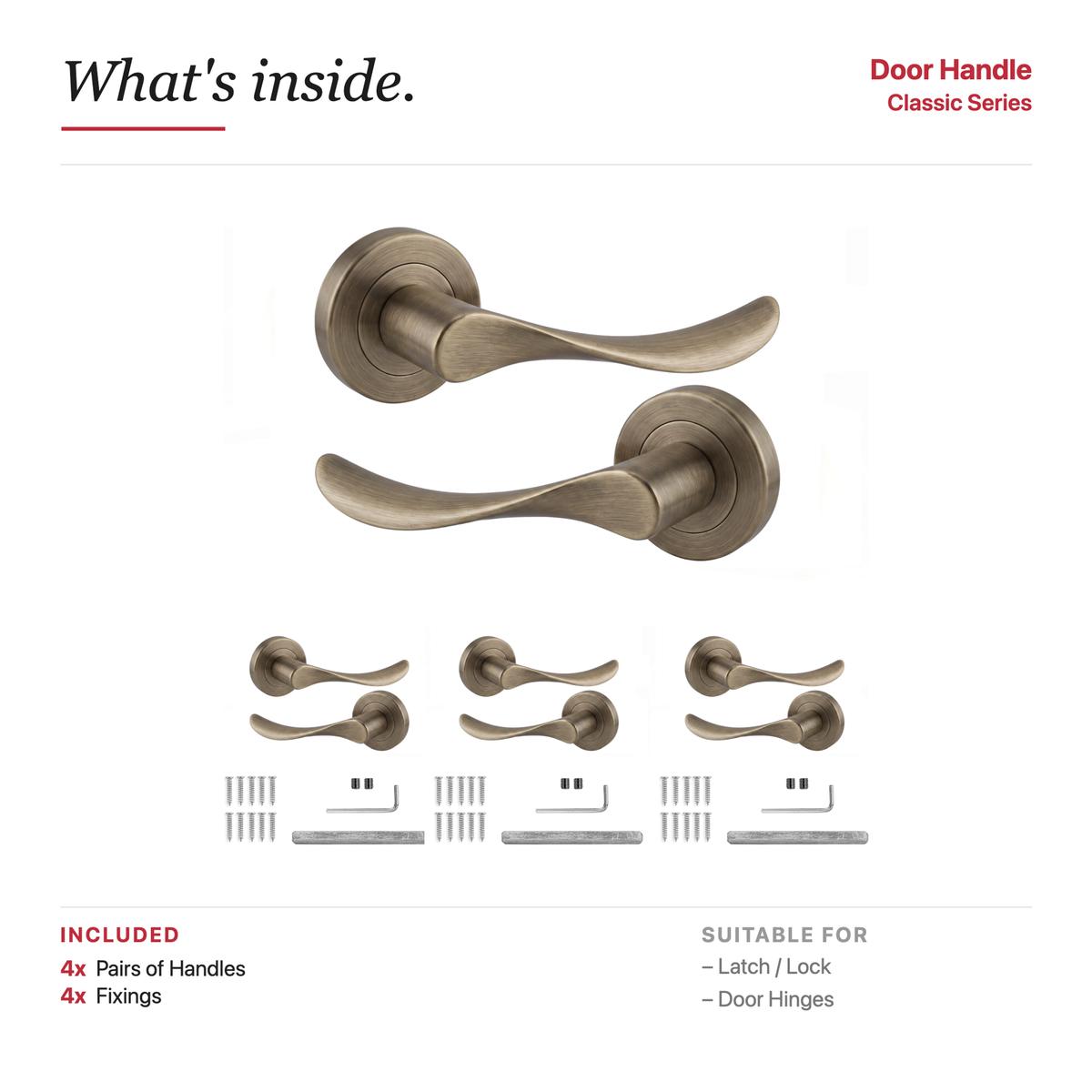 Nimbus Antique Brass Door Lever Handles – showing what's included in the box