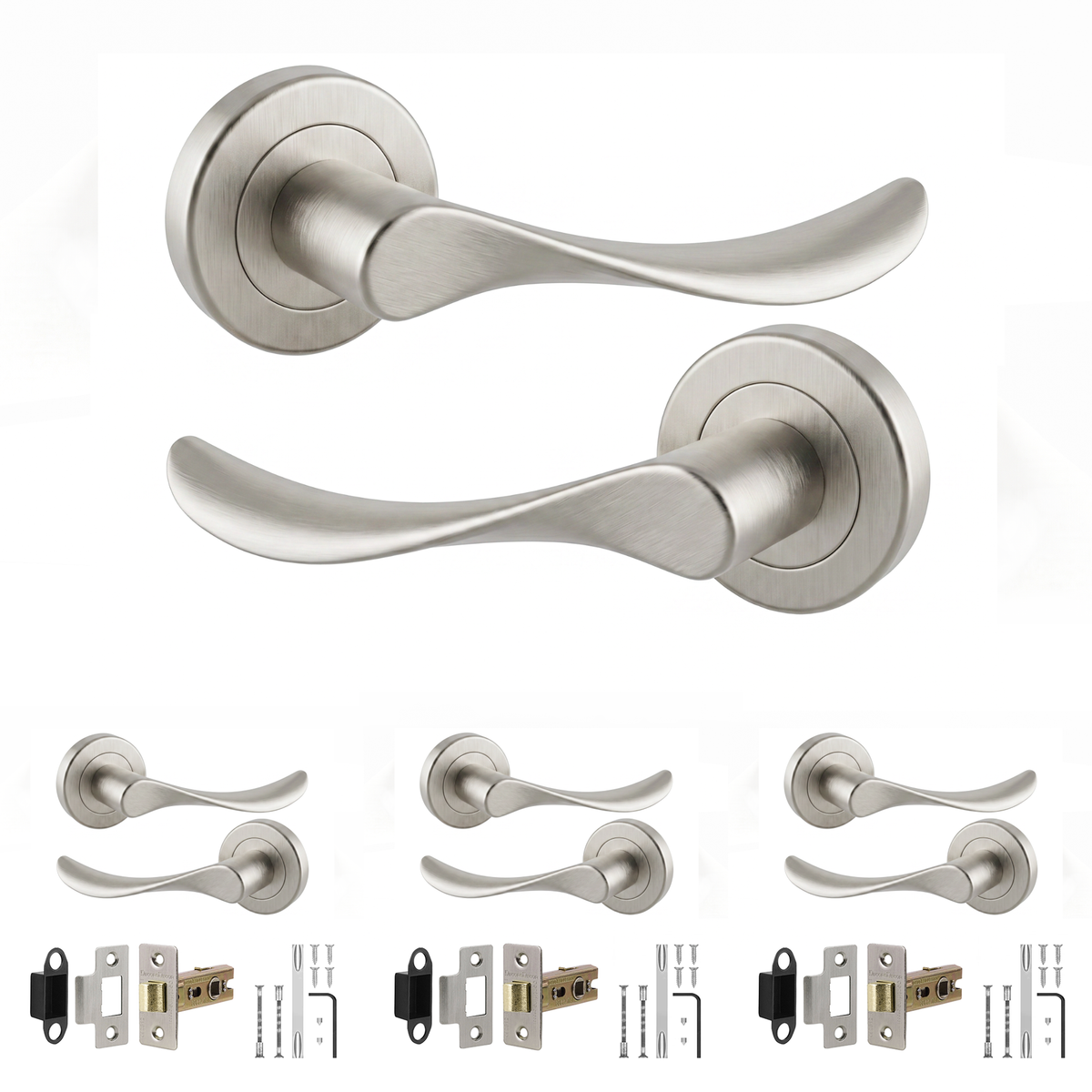 Nimbus Satin Nickel Passage Door Lever Handles - Latch Kit 76mm - Pack of 4