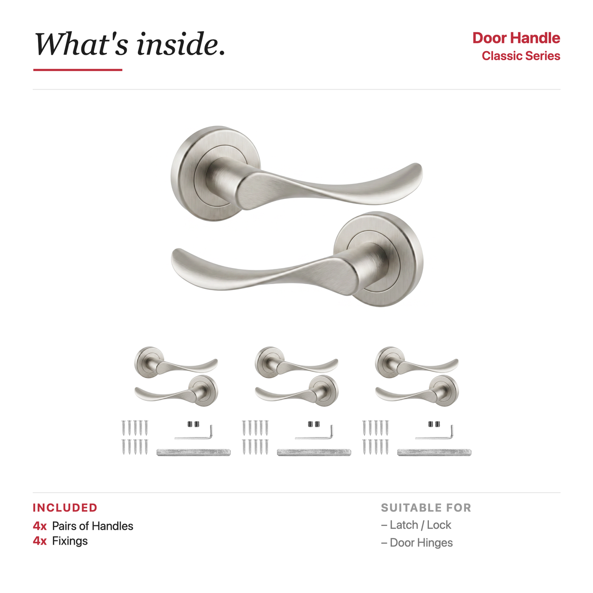 Nimbus Satin Nickel Door Lever Handles – showing what's included in the box