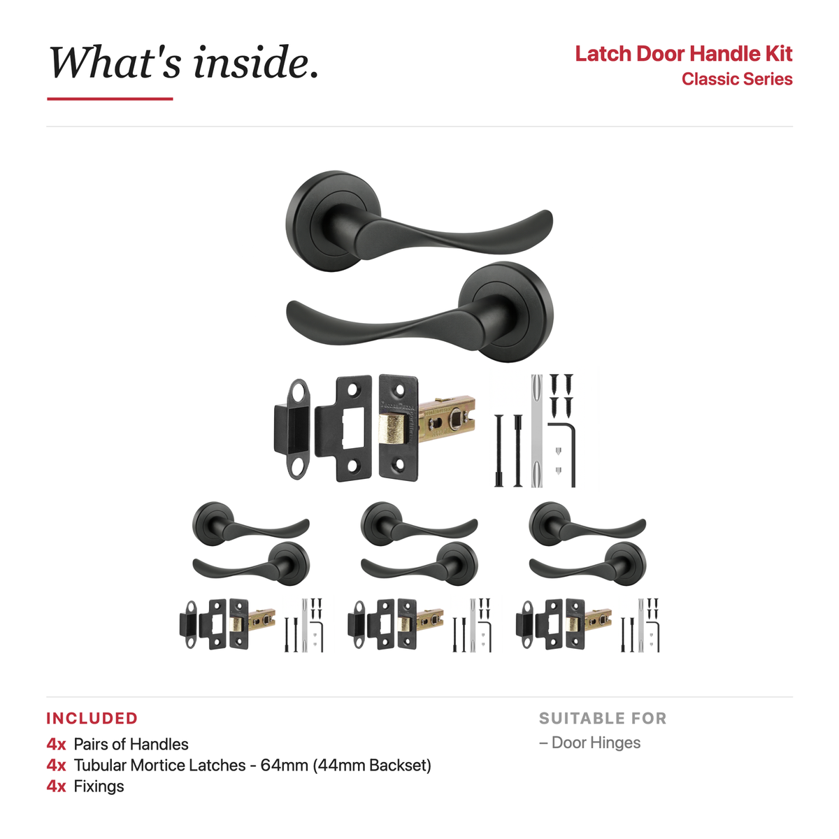 Nimbus Matt Black Passage Door Lever Handles – showing what's included in the box