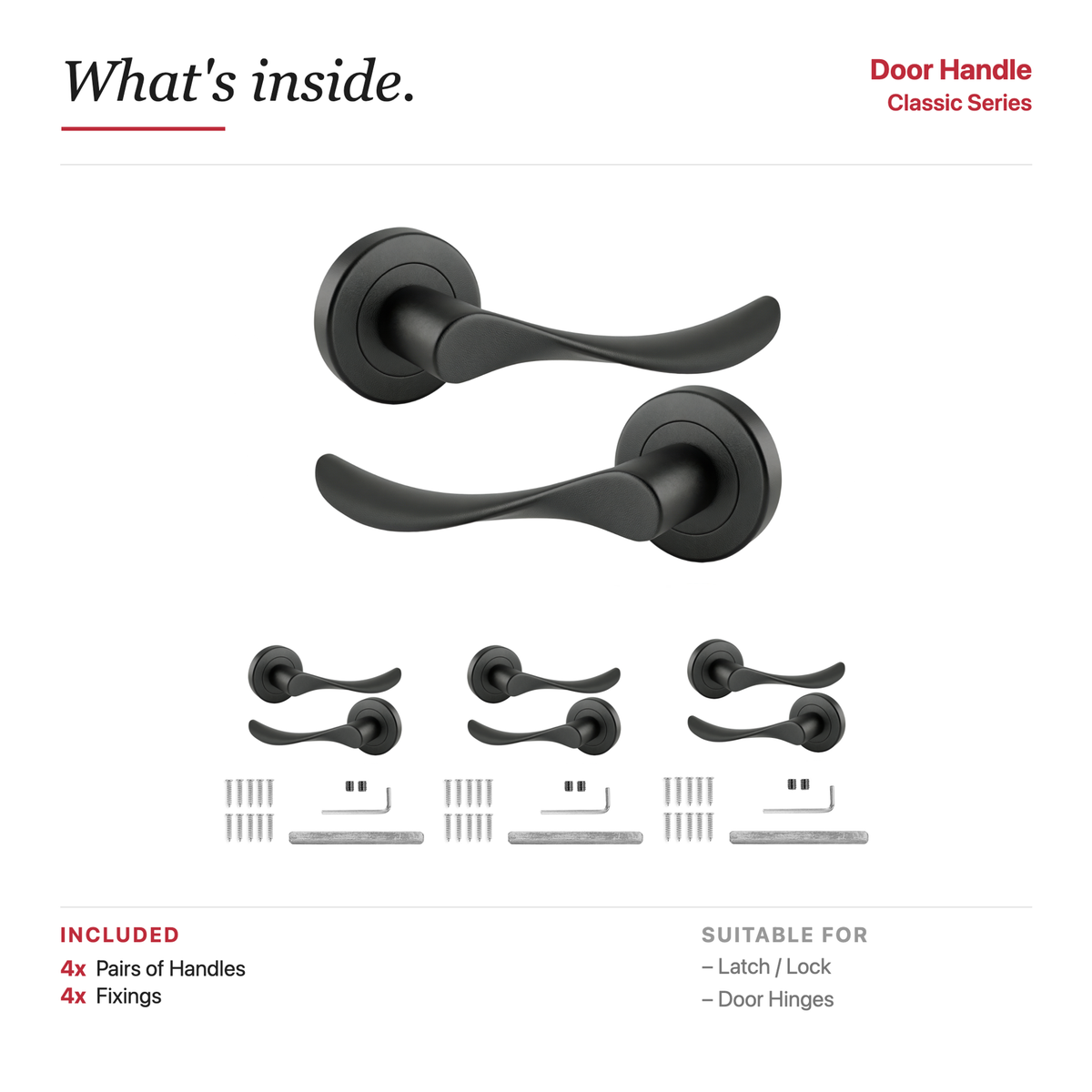 Nimbus Matt Black Door Lever Handles – showing what's included in the box