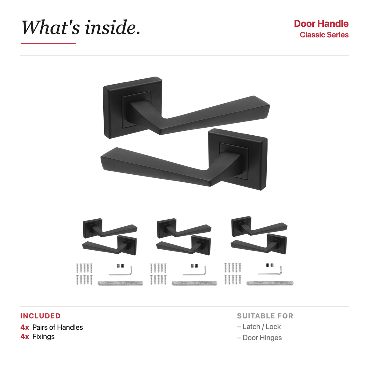 Helix Matt Black Door Lever Handles – showing what's included in the box