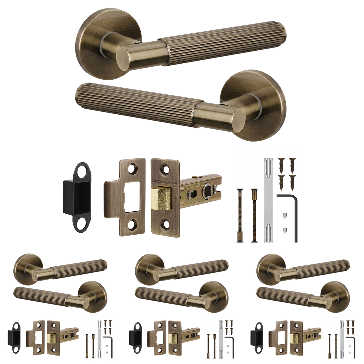 Hera Antique Brass Passage Door Lever Handles - Latch Kit 64mm - Pack of 4