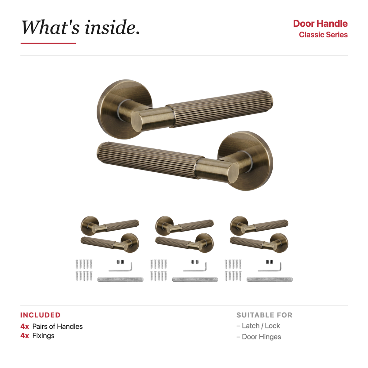 Hera Antique Brass Door Lever Handles – showing what's included in the box