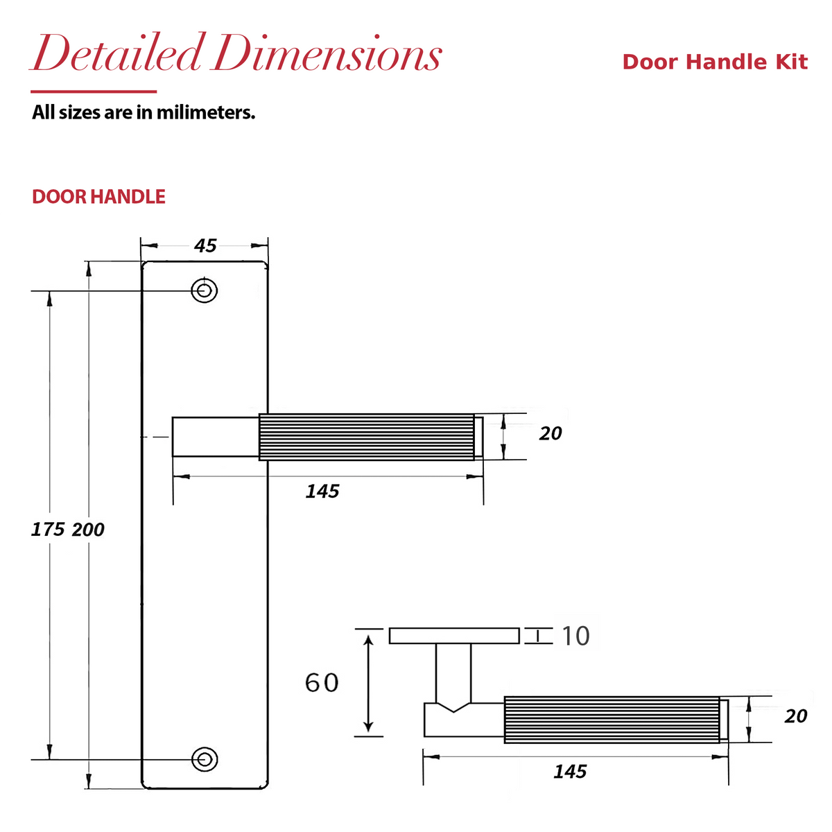Hera Matt Black Door Lever Handles on Backplate – dimensions and measurements diagram