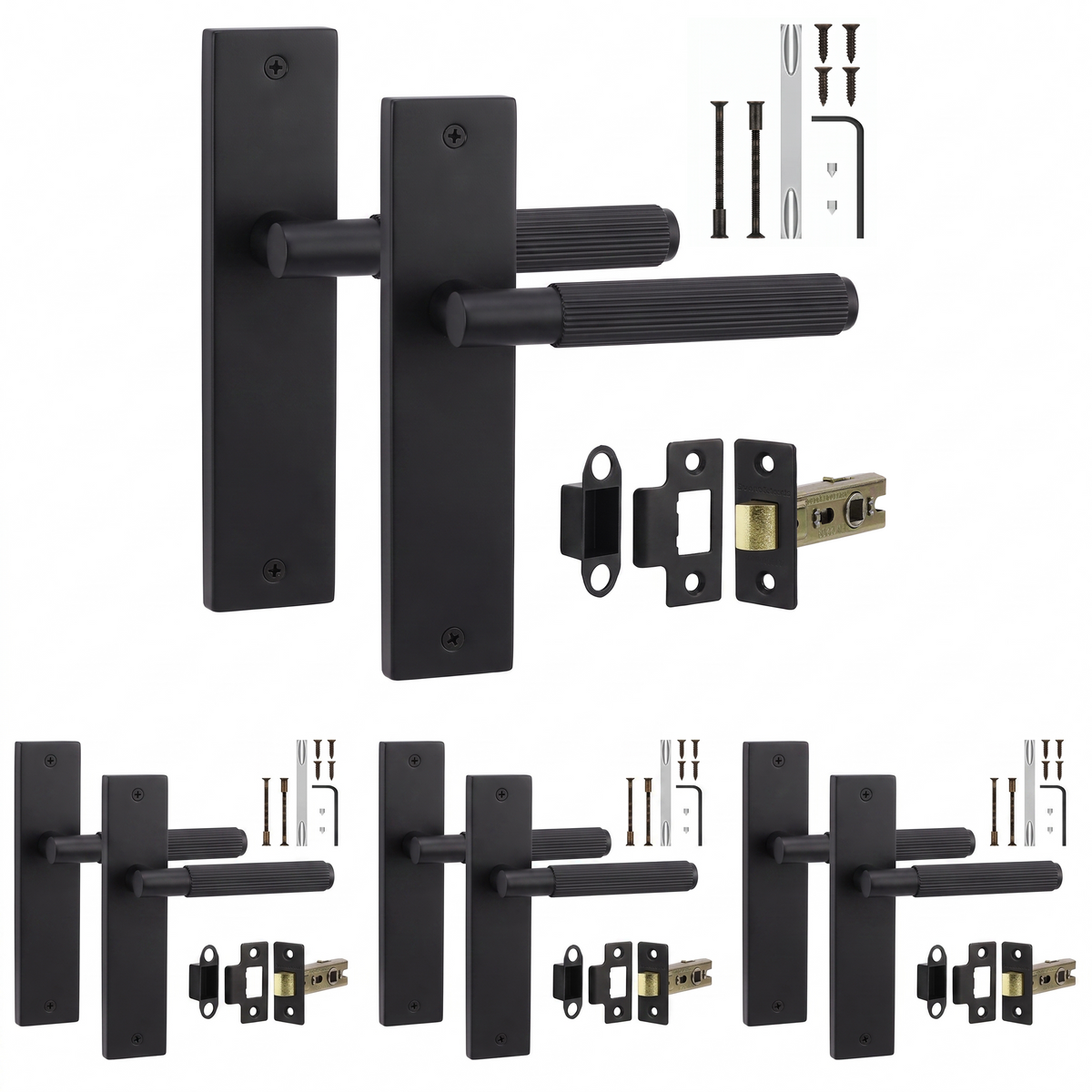 Hera Matt Black Passage Door Lever Handles on Backplate - Latch Kit 76mm - Pack of 4
