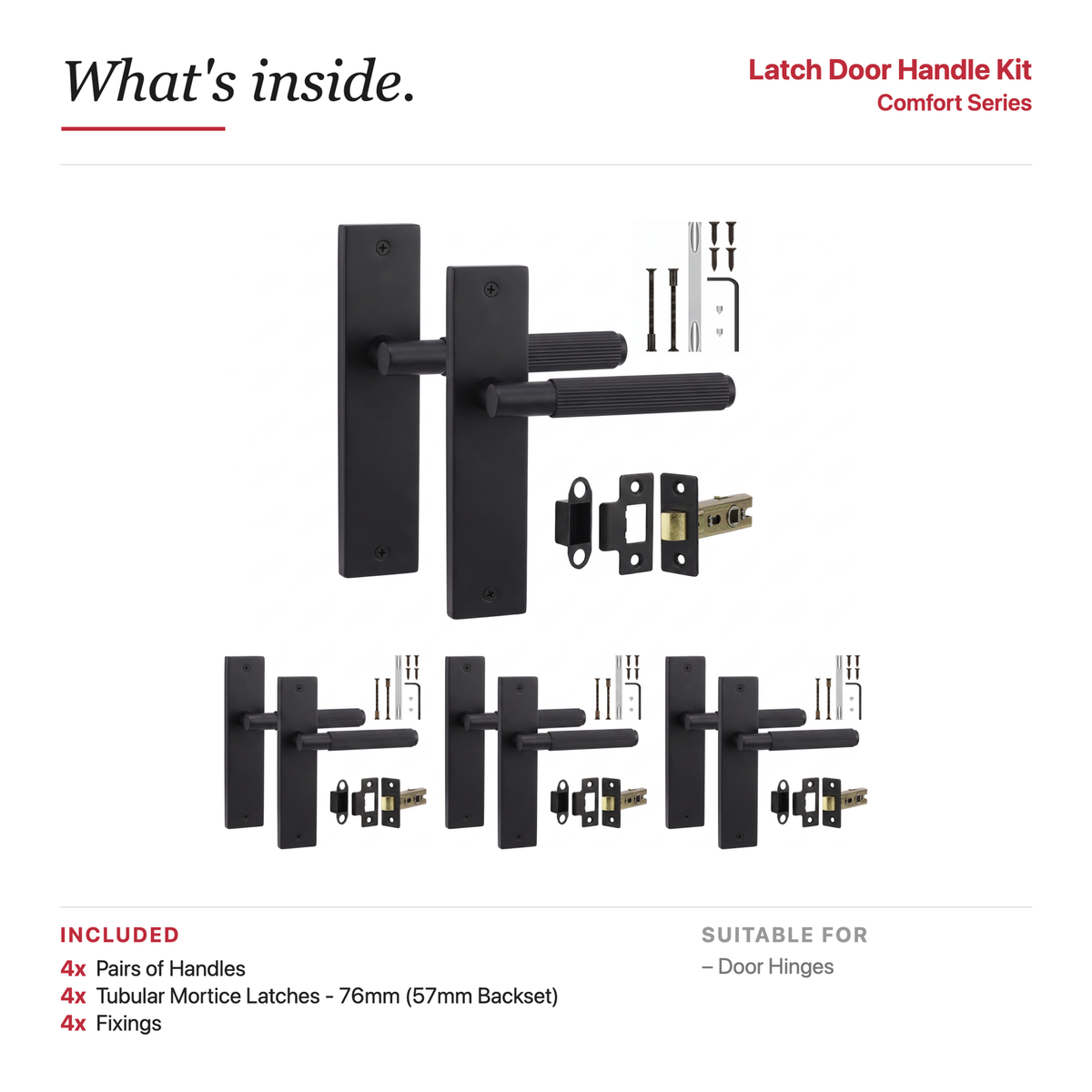 Hera Matt Black Passage Door Lever Handles on Backplate – showing what's included in the box