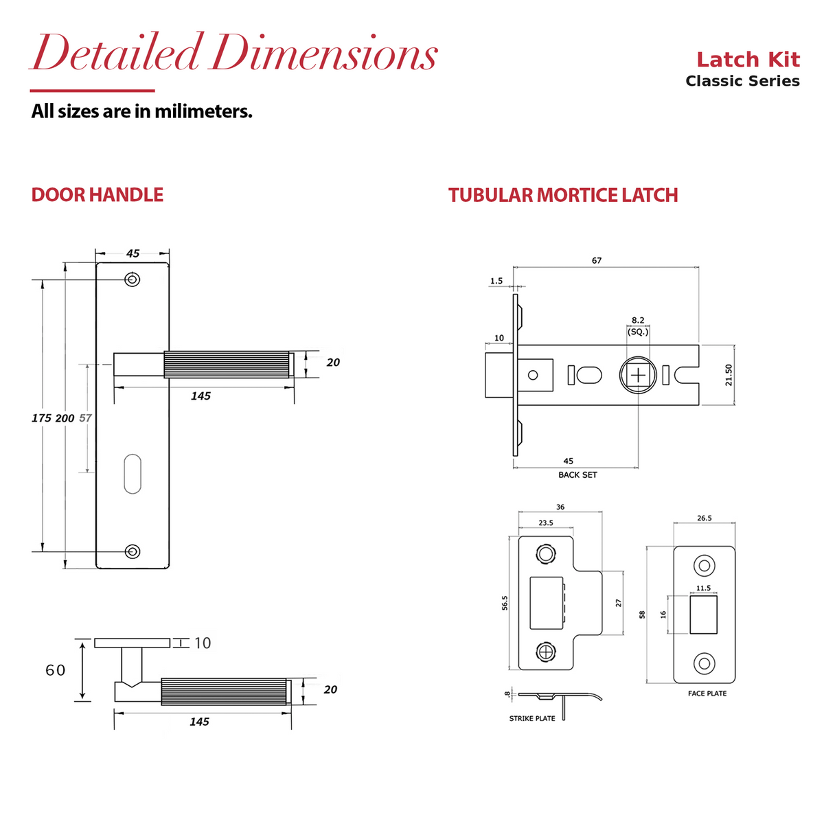 Hera Matt Black Passage Door Lever Handles on Backplate – dimensions and measurements diagram
