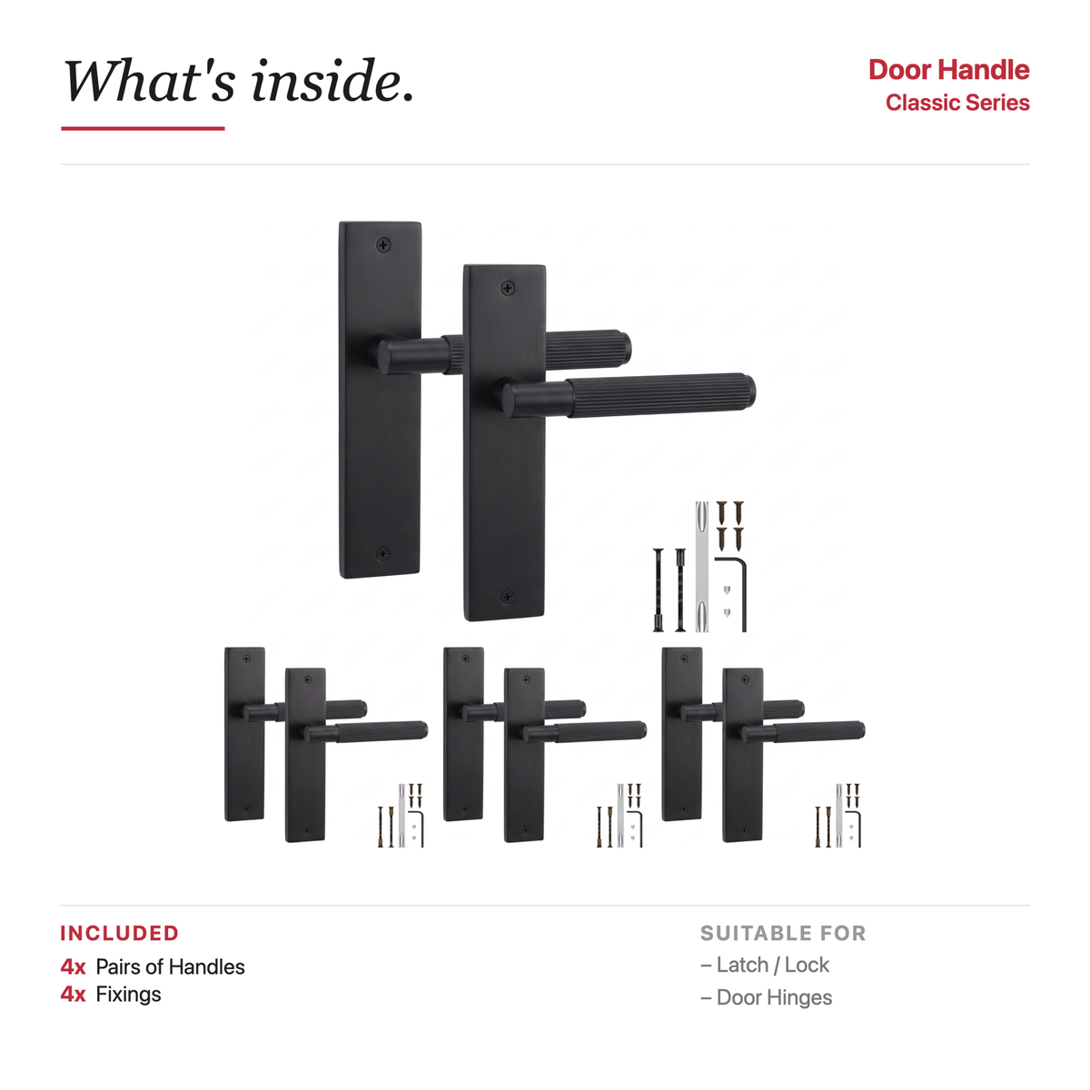 Hera Matt Black Door Lever Handles on Backplate – showing what's included in the box