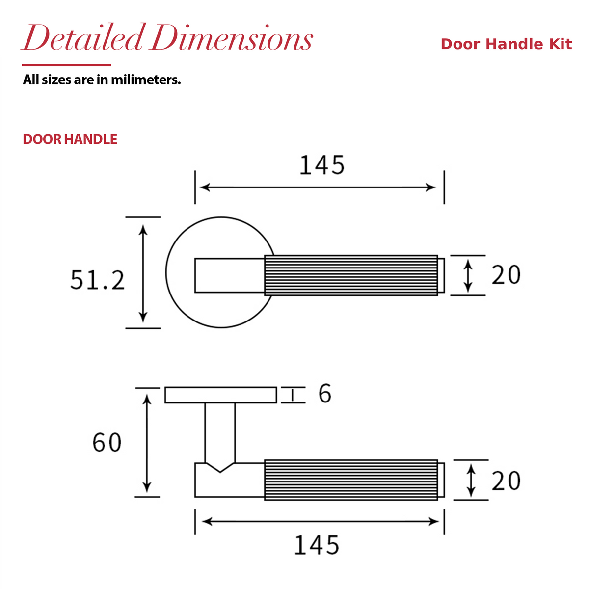 Hera Matt Black Door Lever Handles – dimensions and measurements diagram