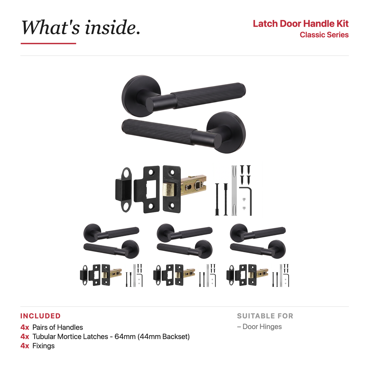 Hera Matt Black Passage Door Lever Handles – showing what's included in the box
