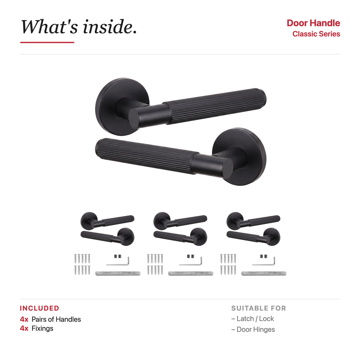Hera Matt Black Door Lever Handles – showing what's included in the box