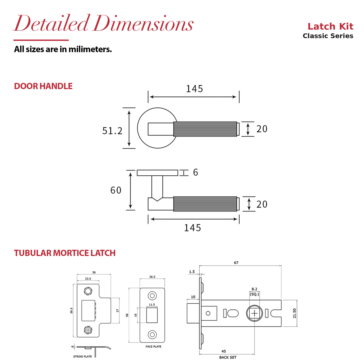 Hera Satin Nickel Passage Door Lever Handles – dimensions and measurements diagram