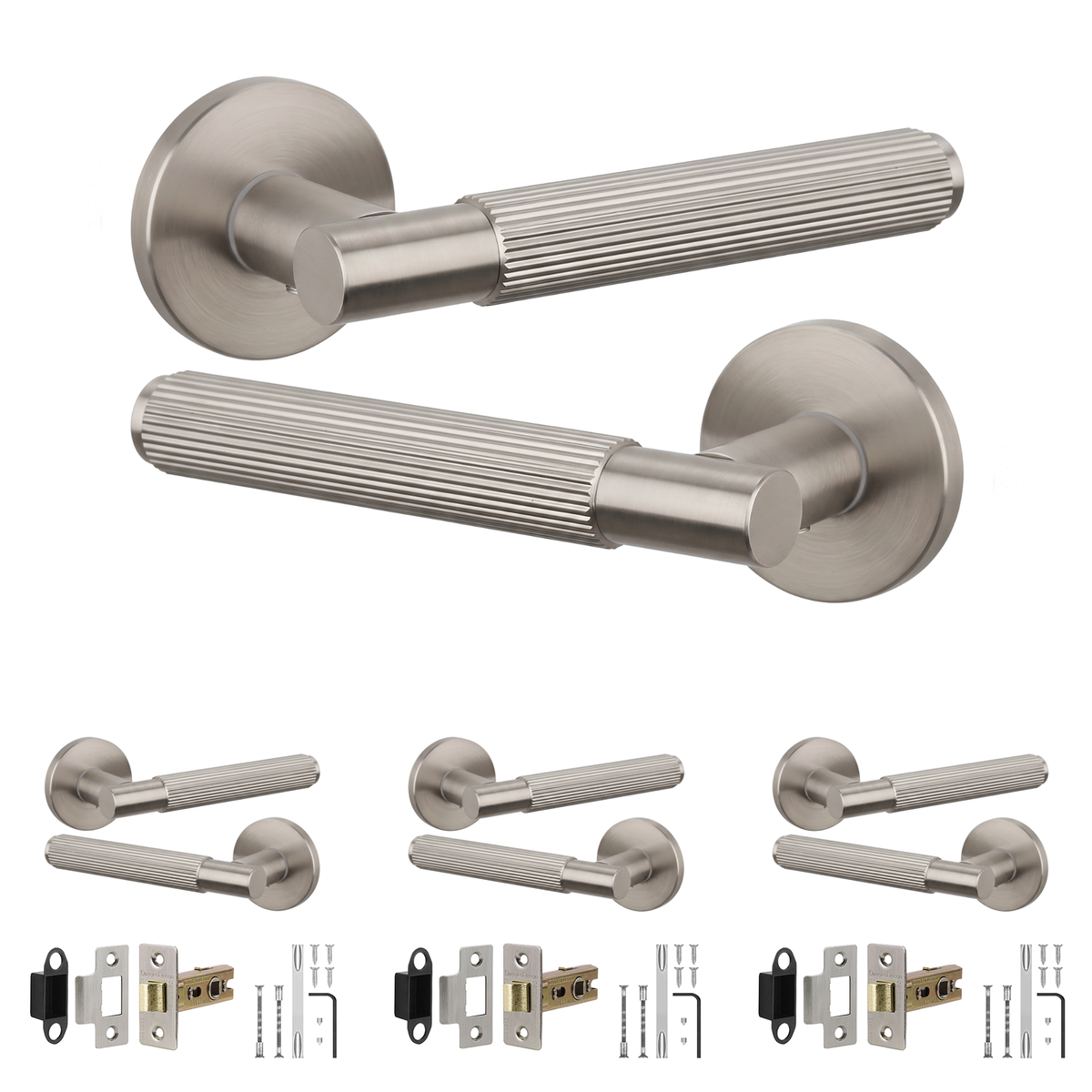 Hera Satin Nickel Passage Door Lever Handles - Latch Kit 64mm - Pack of 4