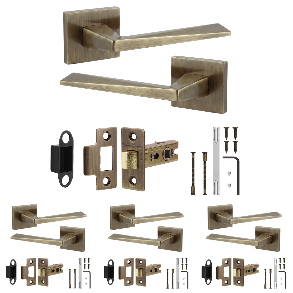 Leda Antique Brass Passage Door Lever Handles - Latch Kit 76mm - Pack of 4