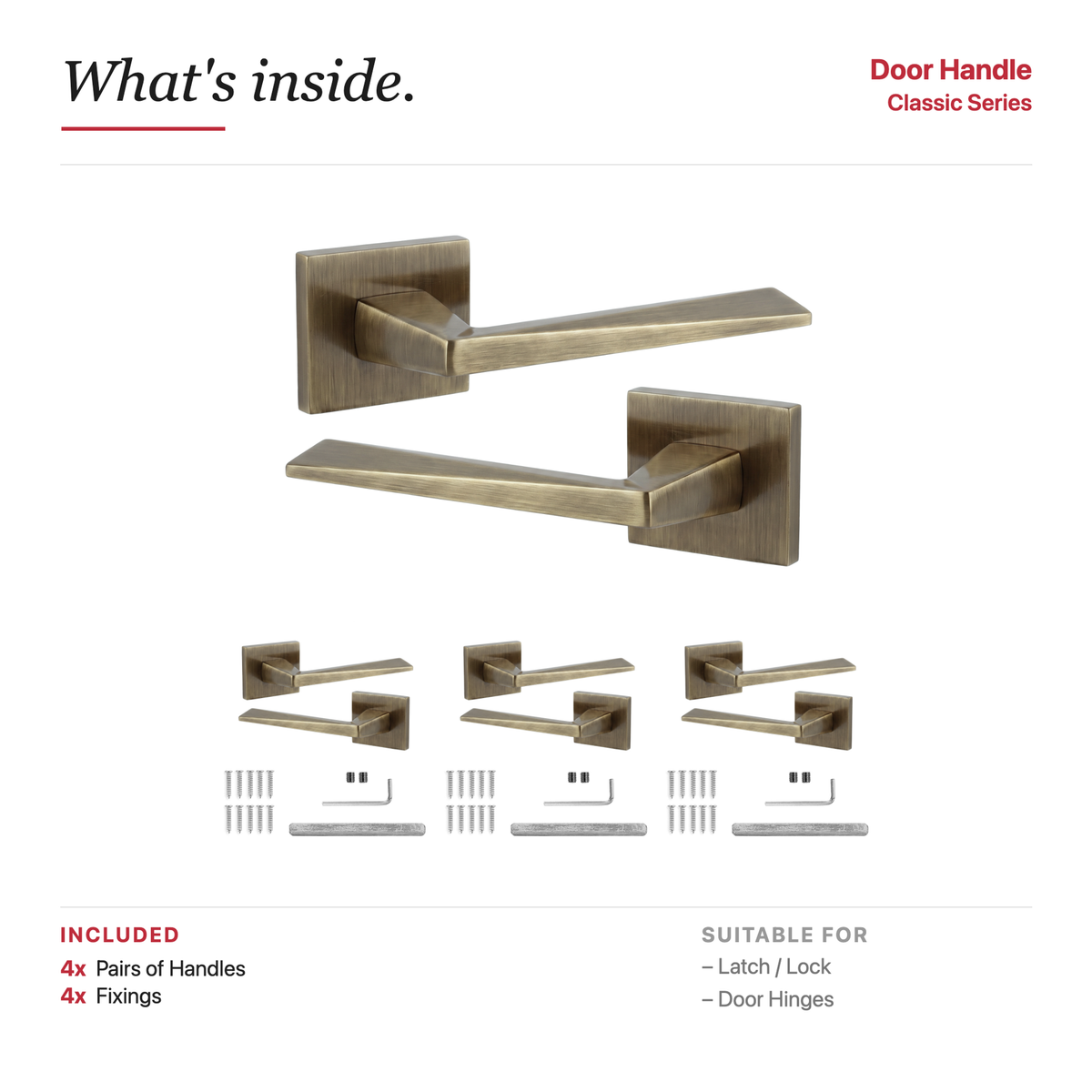 Leda Antique Brass Door Lever Handles – showing what's included in the box