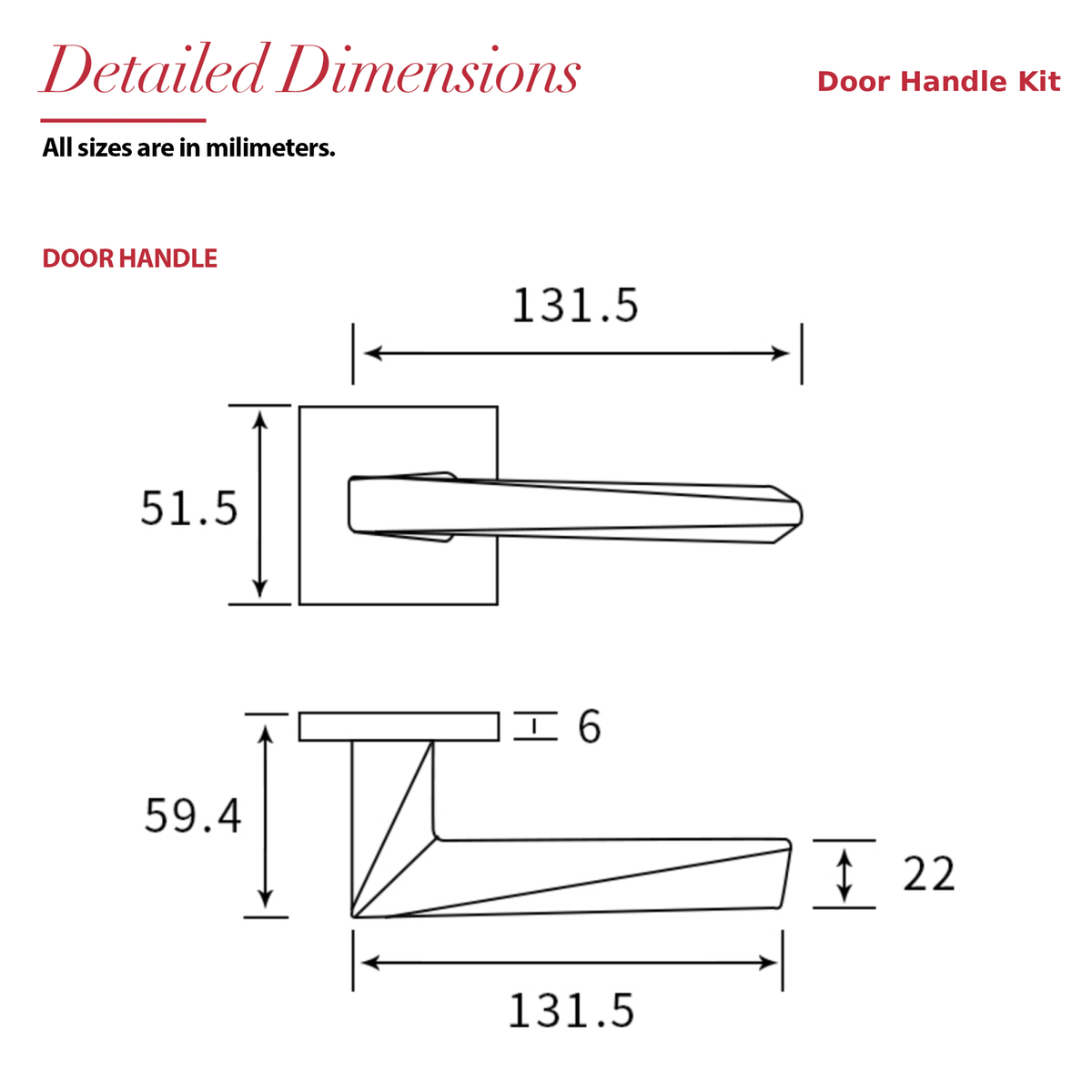 Leda Matt Black Door Lever Handles – dimensions and measurements diagram