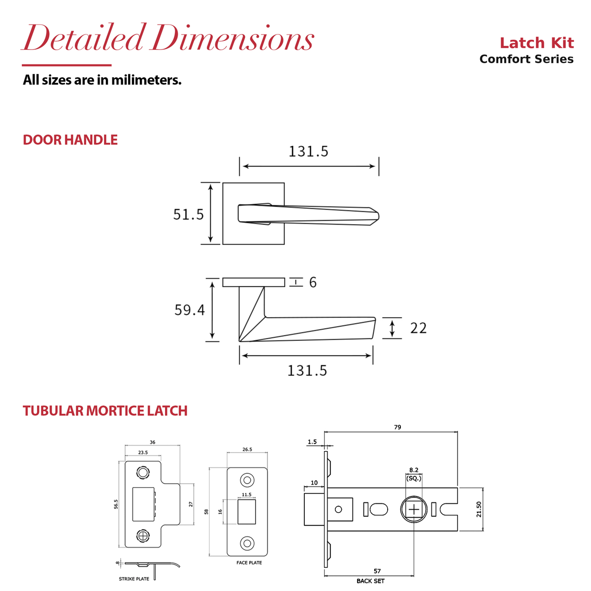 Leda Matt Black Passage Door Lever Handles – dimensions and measurements diagram