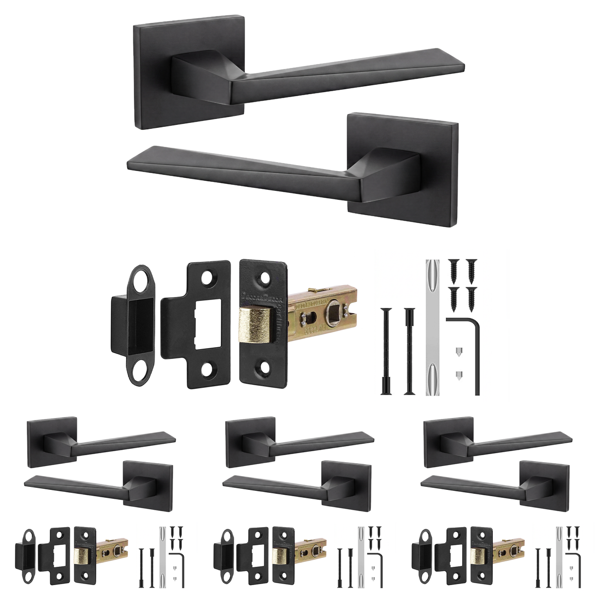 Leda Matt Black Passage Door Lever Handles - Latch Kit 76mm - Pack of 4