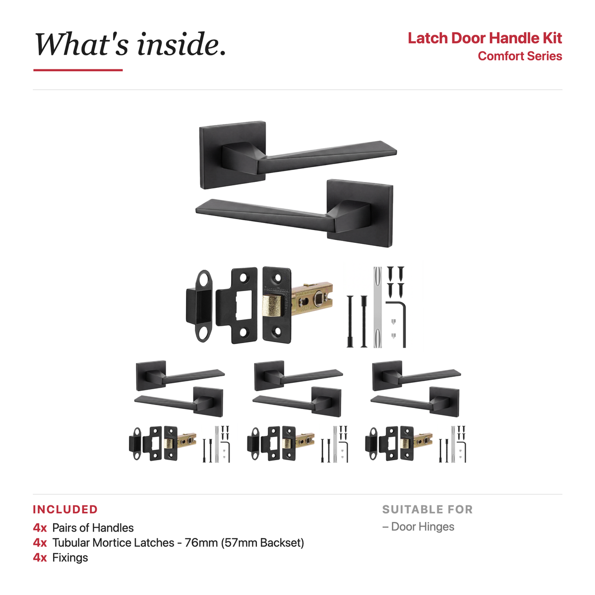 Leda Matt Black Passage Door Lever Handles – showing what's included in the box