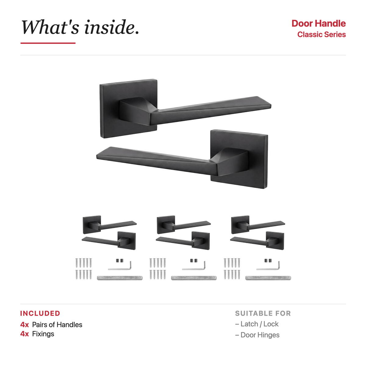 Leda Matt Black Door Lever Handles – showing what's included in the box