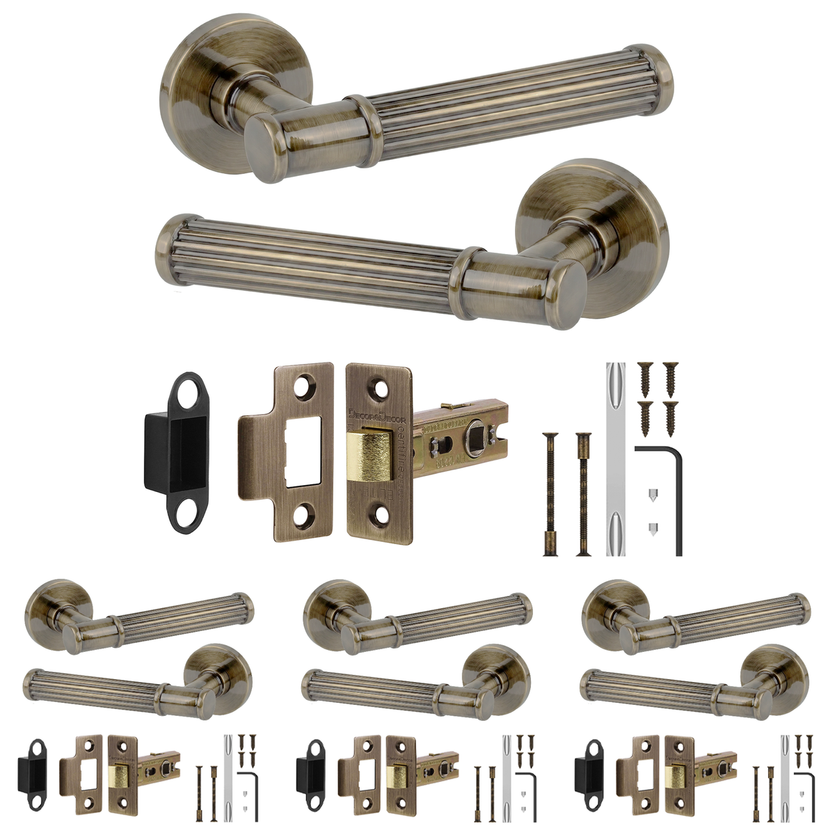 Leto Antique Brass Passage Door Lever Handles - Latch Kit 76mm - Pack of 4