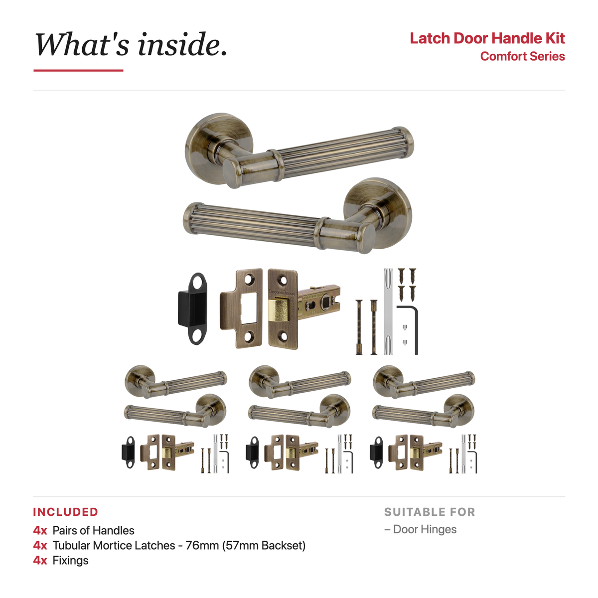 Leto Antique Brass Passage Door Lever Handles – showing what's included in the box
