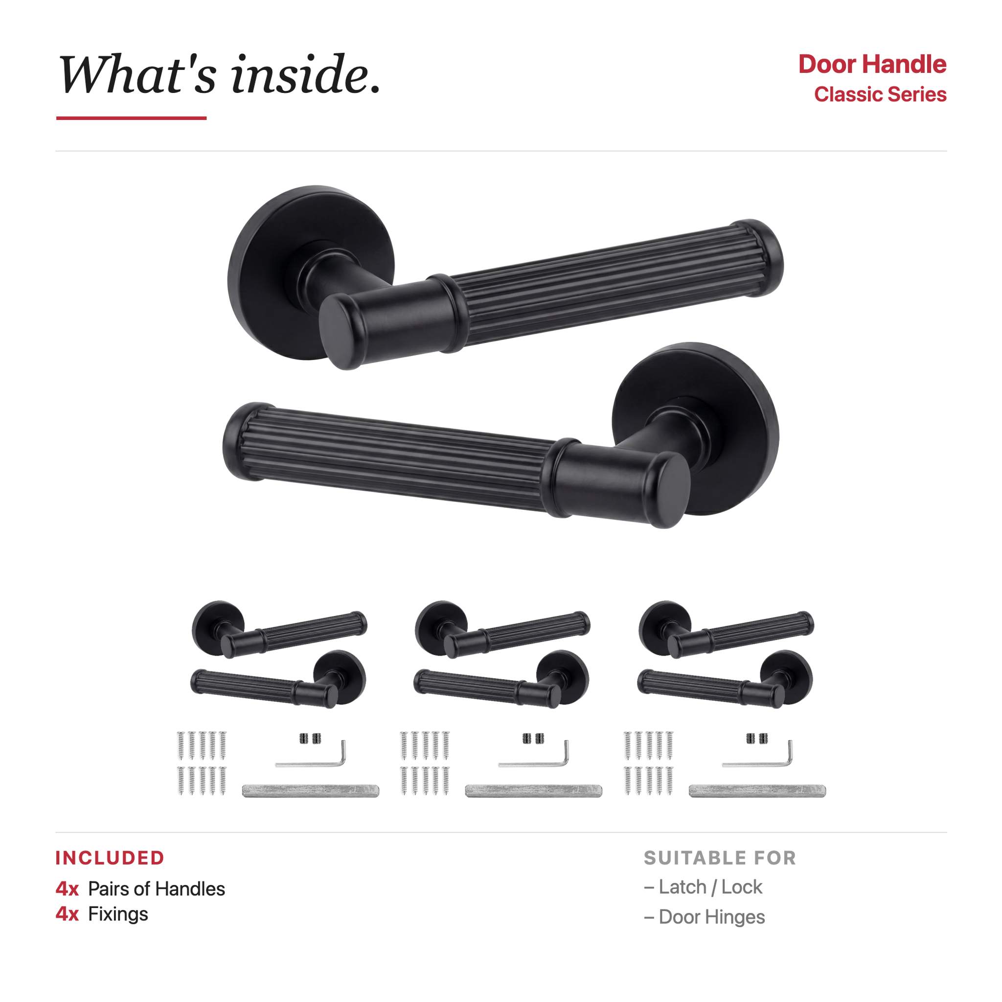 Leto Matt Black Door Lever Handles – showing what's included in the box