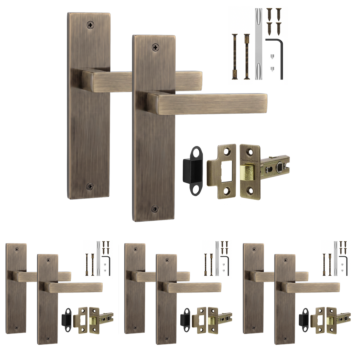 Lumina Antique Brass Passage Door Lever Handles on Backplate - Latch Kit 76mm - Pack of 4