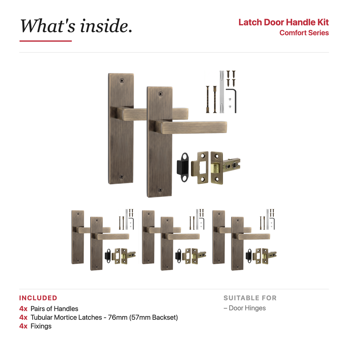 Lumina Antique Brass Passage Door Lever Handles on Backplate – showing what's included in the box