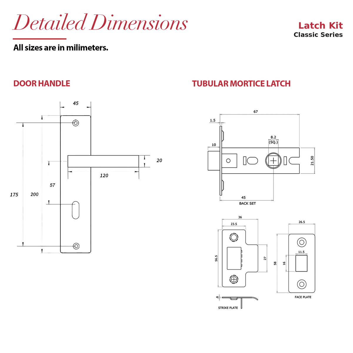 Lumina Antique Brass Passage Door Lever Handles on Backplate – dimensions and measurements diagram