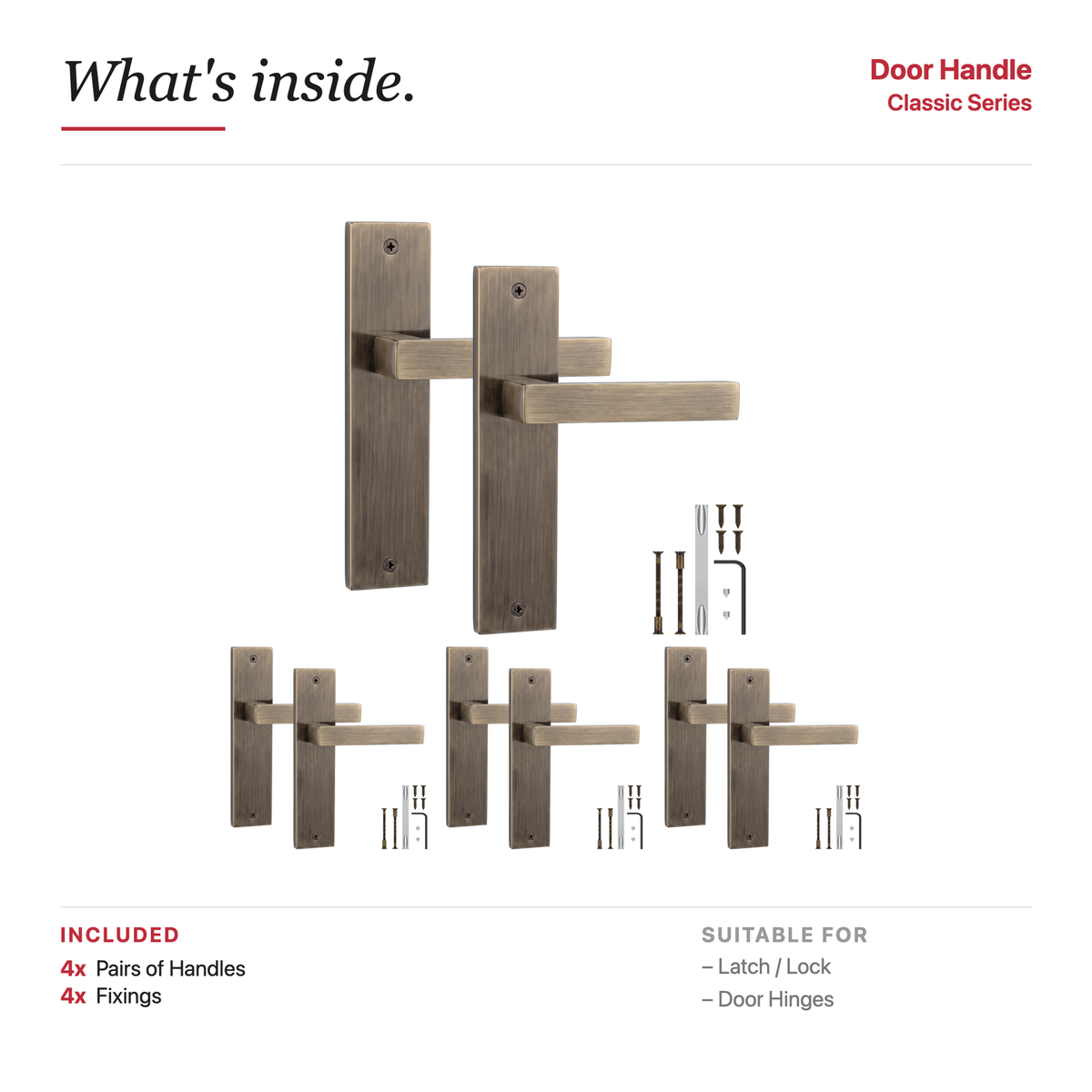 Lumina Antique Brass Door Lever Handles on Backplate – showing what's included in the box