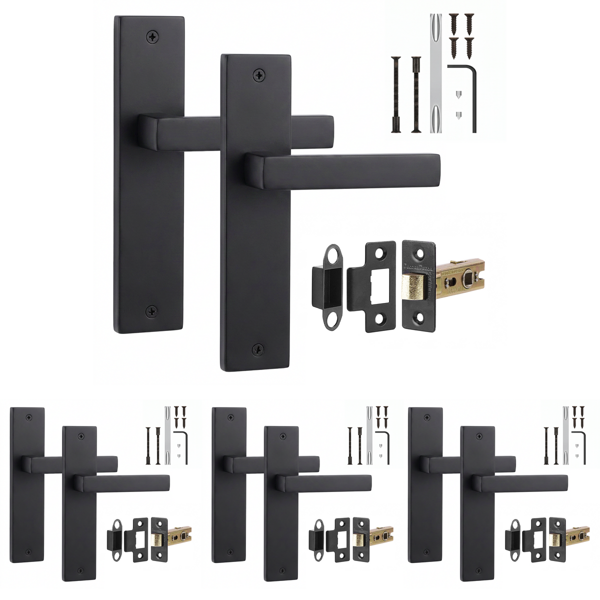 Lumina Matt Black Passage Door Lever Handles on Backplate - Latch Kit 64mm - Pack of 4