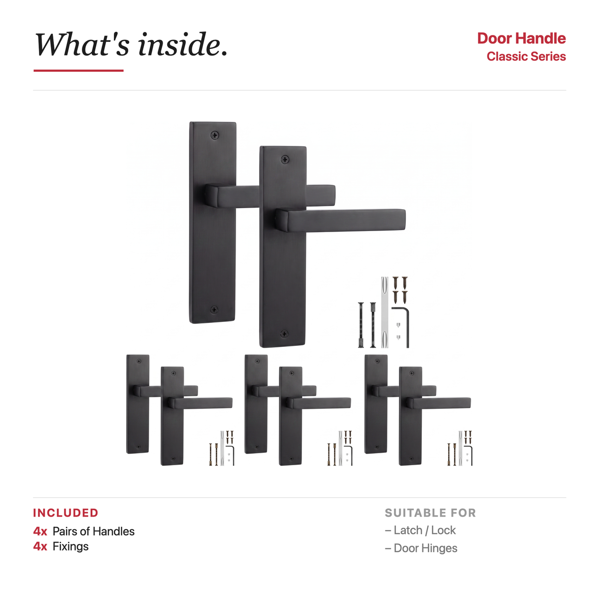 Lumina Matt Black Door Lever Handles on Backplate – showing what's included in the box