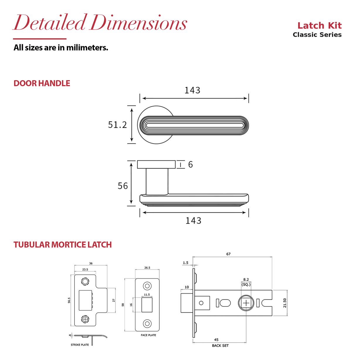 Marin Antique Brass Passage Door Lever Handles – dimensions and measurements diagram