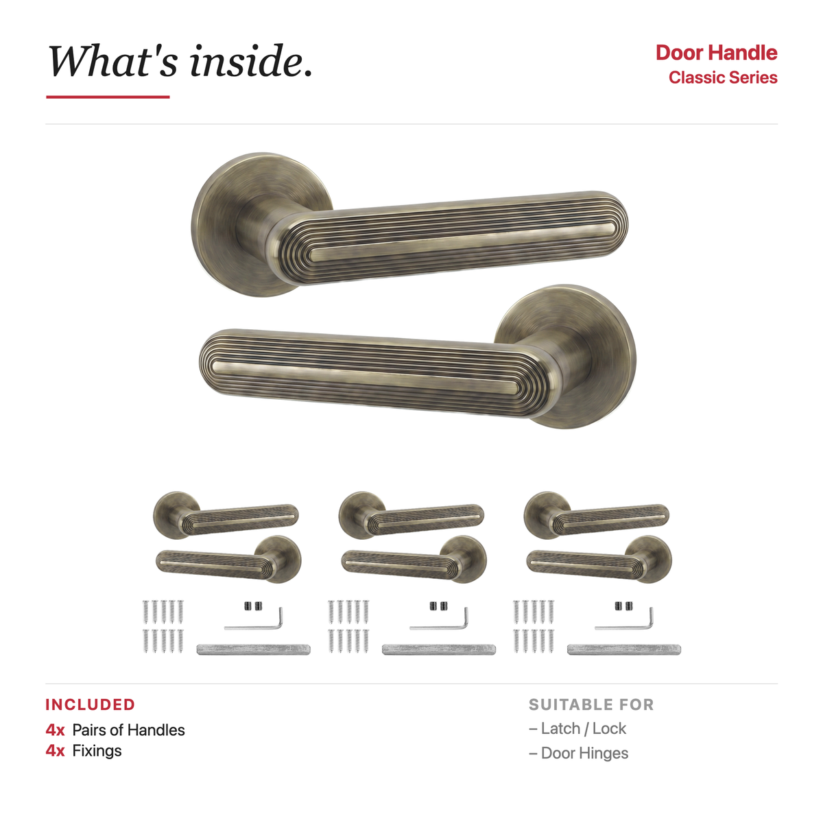 Marin Antique Brass Door Lever Handles – showing what's included in the box