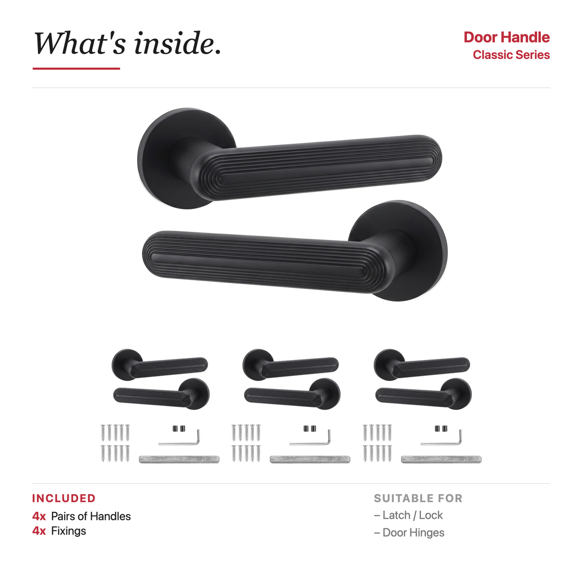 Marin Matt Black Door Lever Handles – showing what's included in the box