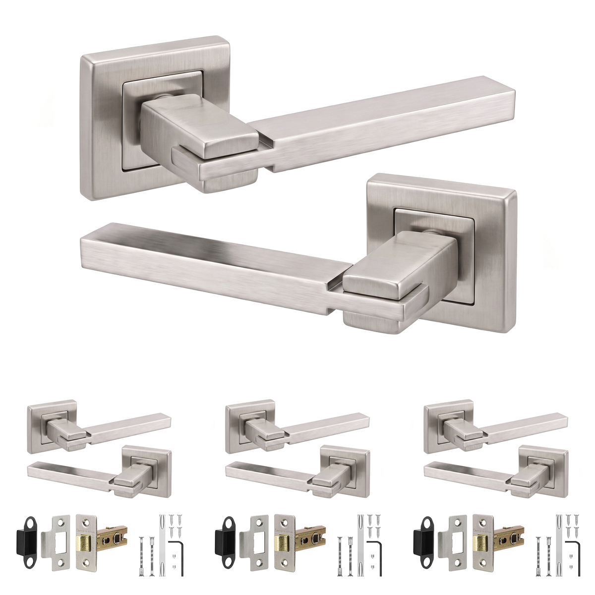 Nexus Satin Nickel Passage Door Lever Handles - Latch Kit 64mm - Pack of 4