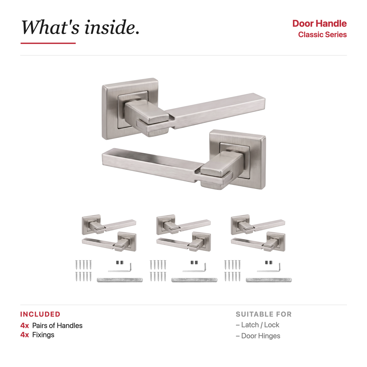 Nexus Satin Nickel Door Lever Handles – showing what's included in the box